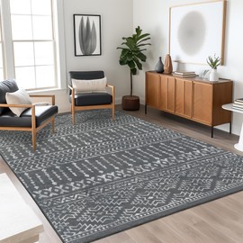 Art&Tuft 4x6 Rug, Super Soft Ultra-Thin Moroccan Washable Rug, Anti-Slip Backing Rugs for Living Room, Foldable Geometric Machine Washable Area Rug(4'x6', Grey)