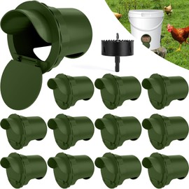 Chicken Feeder Port 12pcs Poultry No Waste Port Kit with Stopper Lid, 1 Hole Saw, DIY Automatic Reusable Coop Feeders, Rain Proof Gravity Feeding Geese Duck Hens Rooster for Bucket Barrel Bin (Green)