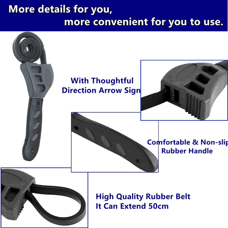 Strap Wrench, 500mm Rubber Strap Wrench, Universal Black Wrench Adjustable