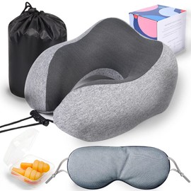Levcoecam Travel Neck Pillow,Memory Foam Neck Pillow,Comfortable & Breathable Cover, Portable Airplane Travel Kit with 3D Contoured Eye Masks, Earplugs, and Luxury Bag (Gray)
