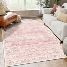 Brakki Pink Rug 3x5, Washable Boho Area Rug for Living Room Dining Room Bedroom Kitchen Entryway, Ultra Thin Soft Vintage Distressed Carpet Non Slip, Floral Rug for Home