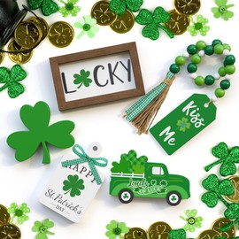 St. Patrick's Day Tiered Tray Decor set - 5 Pcs Shamrock Wooden Signs Lucky Decor Bead Garland, St. Patricks Day Decorations for Home Kitchen Table Party Decorations