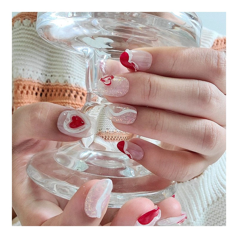 Red heart chunk handmade nail tip ❤ - Long Oval