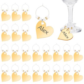 BENECREAT 24pcs Acrylic Wine Glass Charms, Heart Golden Wine Glass Name Tags Smooth Drink Markers for Valentine's Day Stem Glasses Identification Wedding Party Favor