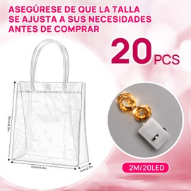20Pcs Clear Gift Bags and LED Light Set, 20 Bolsos de Plástico Transparente con 20 Luces LED, Bolsas de PVC Transparente Reutilizables para Boda Cumpleaños Baby Shower Productos para Fiestas