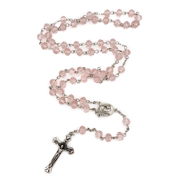 Light Pink Crystal Beads Rosary Catholic Necklace Holy Soil Medal & Crucifix