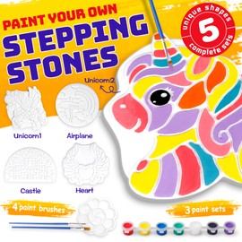 Paint Your Own Stepping Stones Painting Kit for Kids, Unicorn Craft Kits Boys & Girls Ages 3-12, Castle Heart Airplane Rainbow DIY Outdoor Garden Art & Craft Ceramic Painting Set 5-Pack