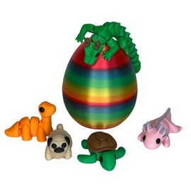 FiJax DESIGNS Mini Articulated Animal Figurines – 5 Pack with Rainbow Egg – 3D Printed Desk Decor – Turtle, Puppy, Axolotl, Brontosaurus, Dragon – Fun Collectible Gift for Adults and The Imaginative
