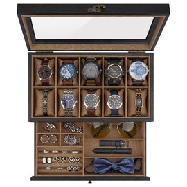 GALHUBIS Watch Box with 10 Slots, 2-Tier Watch Case for Large Dial Watches, Watch Display Case with Lid, Removable Watch Pillows, Gifts for Men Women, Watch Organizer with Drawer, Jewelry Box, Black