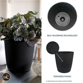 The HC Companies 12 Inch Santa Fe Round Self Watering Planter - Decorative Lightweight Plant Pot with Drainage Hole for Indoor Outdoor Use, Black Sand (Pack of 2)