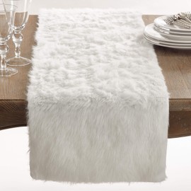 Saro Lifestyle Faux Fur Design Topper Table Runner, White, 15"x54"