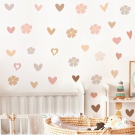 Baby Nursery Wall Stickers Colorful Flowers Wall Decals Pastel Hearts Wall Art Stickers Kids Girls Bedroom Decor Peel and Stick Pink Daisy Floral Wall Decal for Children Room Nursery Living Room Decor