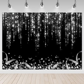 Mocsicka Black Silver Backdrop 7x5ft Silver Glitter Diamond Wedding Decorations Photography Background Birthday Disco Dance Party Baby Shower Photo Booth Backdrops