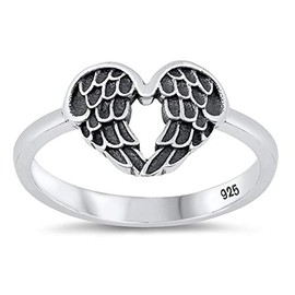 Fashion Oxidized Feather Promise Heart Angel Wing Ring New .925 Sterling Silver Band Size 7
