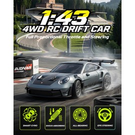 ARRIS 1/43 Mini RC Drift Car with Gyro, 911 2.4GHz Alloy 4WD Full Proportional RC Drifter, 20KM/H High Speed Hobby RC Cars, 4 Extra Racing Tires, Silent Bearings, Type-C Fast Charge & Lighting