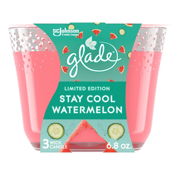 Glade Candle Stay Cool Watermelon, Fragrance Candle Infused with Essential Oils, Air Freshener Candle, 3-Wick Candle, 6.8oz
