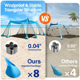 Rhino Valley Beach Tent, 10 x 10 FT Beach Shade UPF50+ Protection, Beach Canopy with 8 Sandbags 4 Stability Poles, Outdoor Beach Tent Sun Shelter Umbrella for Sand,Camping,Fishing Essentials, Sky Blue