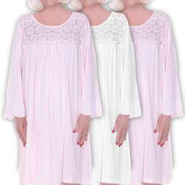 Home Care Line Womens 3-Pack-Open Back Nightgown Cotton Long Sleeve Lace Trim Hospital Gown-Pink-Bedridden Patient (White, L/XL)