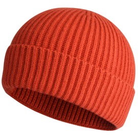 ROYBENS Swag Wool Knit Cuff Short Fisherman Beanie for Men Women, Winter Warm Hats, Orange