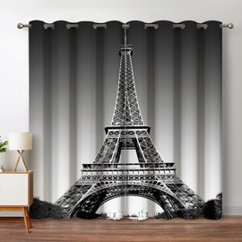 Jekeno Paris Eiffel Tower Blackout Curtains Paris Landmark Picture of Famous Place Cityscape Scene Decor for Bedroom Living Room Grommet Window Drapes 2 Panel Set, 52"x84"
