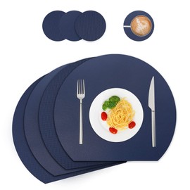 WAKOSAN Placemats and Coasters Made of Leather, Washable Place Mats, Washable, Table Decoration, Place Mat Washable Round, Place Mats for Kitchen Dining Table, Set of 4 (Semicircle, Blue)