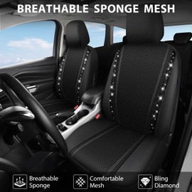 CAR PASS Mesh Bling Diamond Car Seat Cover 2 Front Interior Sets Lined Sponge, Breathable Universal Shining Glitter Sparkly Crystal Fit Armrest Automotive Truck SUV Cute Women Girl, Black Rhinestone