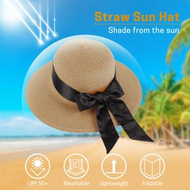 GNEGNI LIFE Sun Hats Women, Straw Beach Hats Sun Protection Summer Hat Foldable Wide Brim Hat Floppy for Women Travel Holiday (Khaki&Black Ribbon)