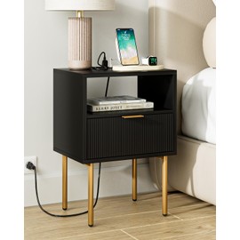 AEPOALUA Nightstand with Charging Station,Small Bedside Table with Gold Frame,Black Night Stand,Bedside Furniture,Side Table with Drawer and Shelf for Bedroom,Living Room,Stripe