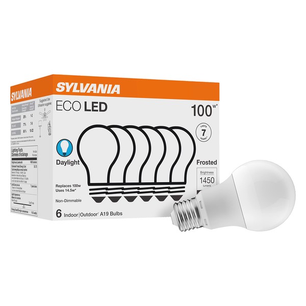 SYLVANIA ECO LED Light Bulb, A19, 100W Equivalent, Efficient 14.5W, 7 Year, 1450 Lumens, Frosted, 5000K, Daylight - 6 Count (Pack of 1) (40884)