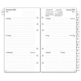 2026 Diary Refill Personal Size, 1 Week on 2 Pages with Tabs, Password, Notes, Contact, Annual Monthly & Weekly Planner Inserts, 6 Hole Organiser, January-December, 100 GSM, 9.5x17.1cm