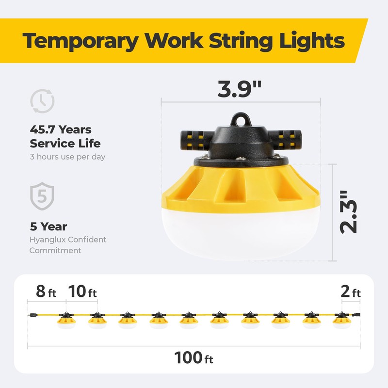 HYANGLUX 100ft Construction String Lights: 3 Prong 100w 11000lm ETL