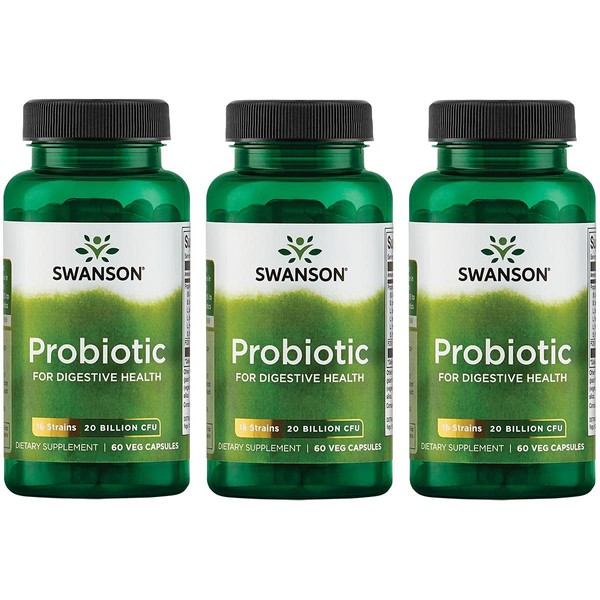 Swanson Probiotic for Digestive Health GI Tract Immune Support Travelers Support 20 Billion CFU with Prebiotic FOS 60 Veggie Capsules (Caps) (3 Pack)