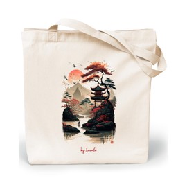 Loxato Printed Fabric Bag, Cotton Bag, 100% W 35 x H 42 x D 8 cm, Canvas Fabric Carry Bag 220 g/m², Jute Bag, Shopping Bag, Long Handle, 70 cm Shopping Bag, japanese landscape