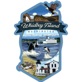 Die Cut Sticker Whidbey Island, Washington, Montage, Contour Vinyl Sticker 3 to 6 inches, (Waterproof Decal for Cars, Water Bottles, Laptops, Coolers), Large