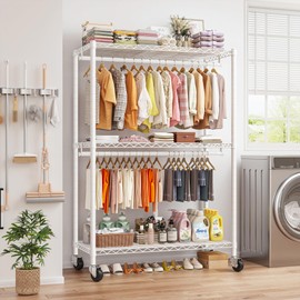 Raybee Heavy Duty Clothes Rack, 81" H Clothing Racks for Hanging Clothes, Portable Closet with Wheels and Adjustable Feet, Max Load 500LBS, White