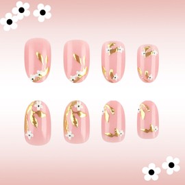 Fall Press on Nails Short Oval Fake Nails with Flower Leaves Designs Nude Nails Press ons Glossy Glue on Nails Cute Acrylic Nails Winter False Nails Summer Stick on Nails for Women 24Pcs