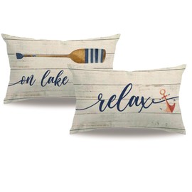 7COLORROOM Set of 2 Nautical Theme Pillow Covers Double-Sided Printed Wood Grain Funny Quote Relax On Lake Time Rectangular/Waist Cushion Cover Summer Ocean Home Decor Pillowcases 12”×20” (Multi)