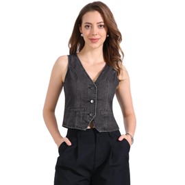 Allegra K Women's Denim Vest V Neck Button Down Sleeveless Casual Jean Jacket Black Medium