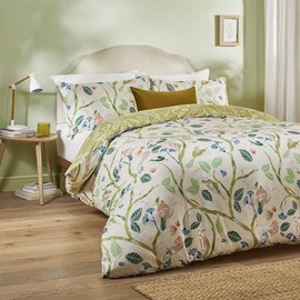 Duvet Day Woodlow Duvet Cover Set – Reversible Leaf Printed Bedding with Hand-Drawn Tropical Birds & Floral Design (Multi/Sage - Single)