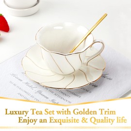 FUNLIO DUJUST Porcelain Tea Cup & Saucer Set, Luxury British Style, Golden Trim, Perfect for Living Room Decoration & Tea Party, Includes Tea Spoon