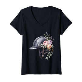 Womens Floral Horseback Helmet Flower Horse Equestrian Riding V-Neck T-Shirt
