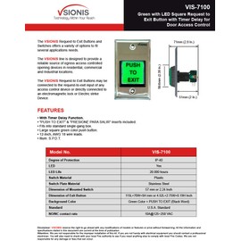 Visionis VIS-7100 Green LED Square Request Push to Exit Button Release with Timer Delay for Door Access Control