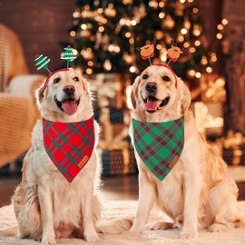 ADOGGYGO Christmas Dog Bandanas 2 Pack, Red Green Plaid Dog Christmas Scarf Bib, Multiple Sizes Offered, Christmas Bandanas for Large and Extra Large Dogs Pets (X-Large, Christmas)