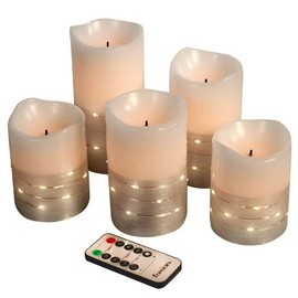Fusion Flameless LED Candles with Silver Fairy Lights 5Pk Real Wax Battery Power
