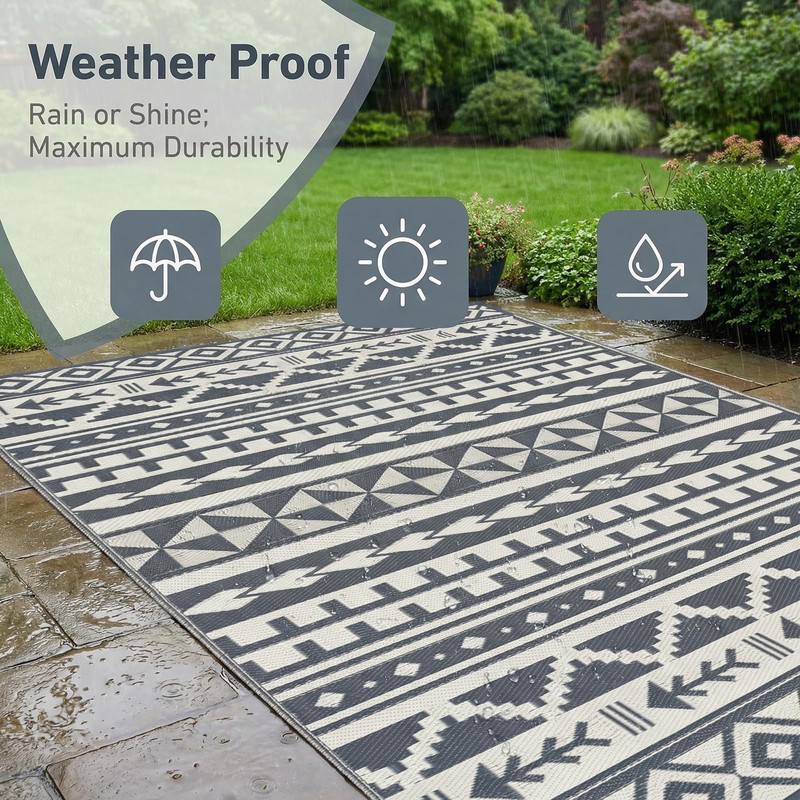 Haoyunll Outdoor Rug Geometric Black and White 9x12 Waterproof