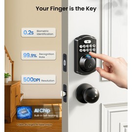 Veise Fingerprint Door Lock, Keyless Entry, Auto Lock, Electronic Keypad Deadbolt for Front Door, Biometric, Anti-Peeking Password, Easy Install, Matte Black