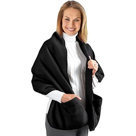 Warm and Cozy Fleece Wrap Shawl with Large Front Pockets - Black