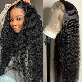 utodoo 26 Inch Deep Wave Lace Front Wigs Human Hair 13x6 Curly HD Transparent Lace Front Wigs Human Hair 210% Density Pre Plucked with Baby Hair