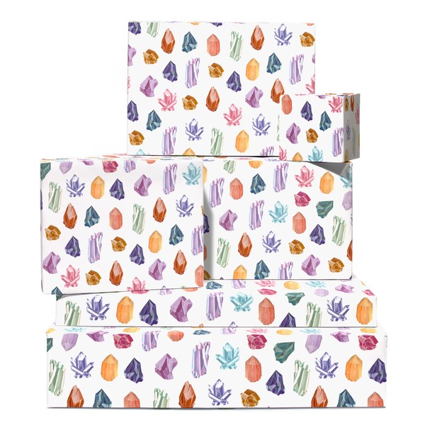 Central 23 - Crystals Gift Wrap - 6 Wrapping Paper Sheets - Precious Stones on White Background - For Birthdays - Women Girls - Recyclable