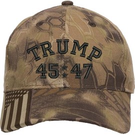 Trump 45/47 Embroidered Structured Adjustable One Size Fits All Hat with US Flag on Bill. (US, Alpha, One Size, Brown Camo/Black)
